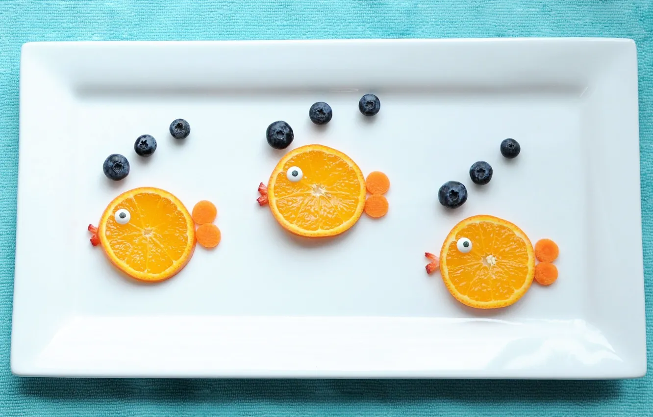 Photo wallpaper fish, berries, orange, food, plate, fruit, blueberries
