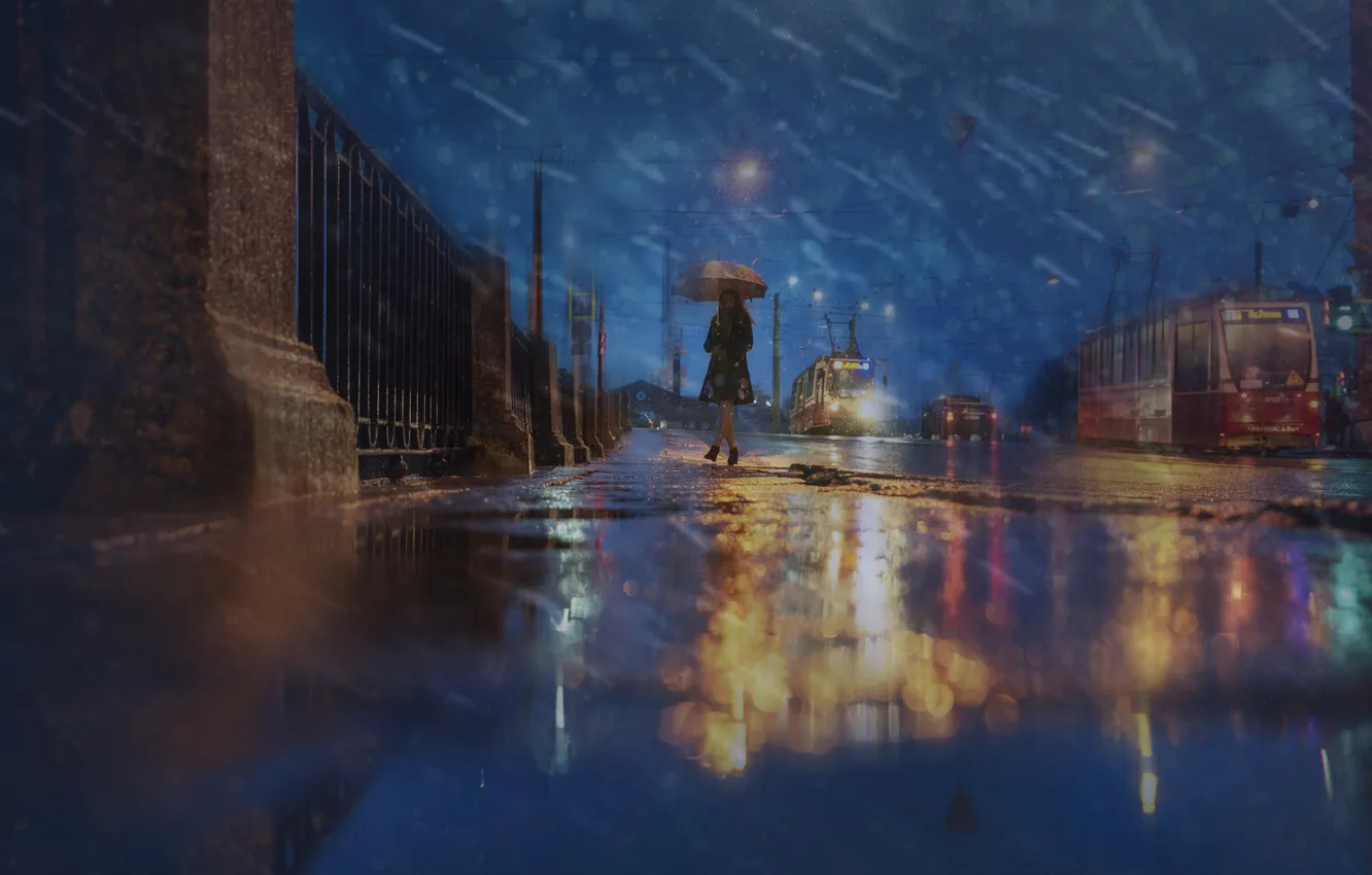 Photo wallpaper road, glass, girl, drops, night, the city, glare, rain
