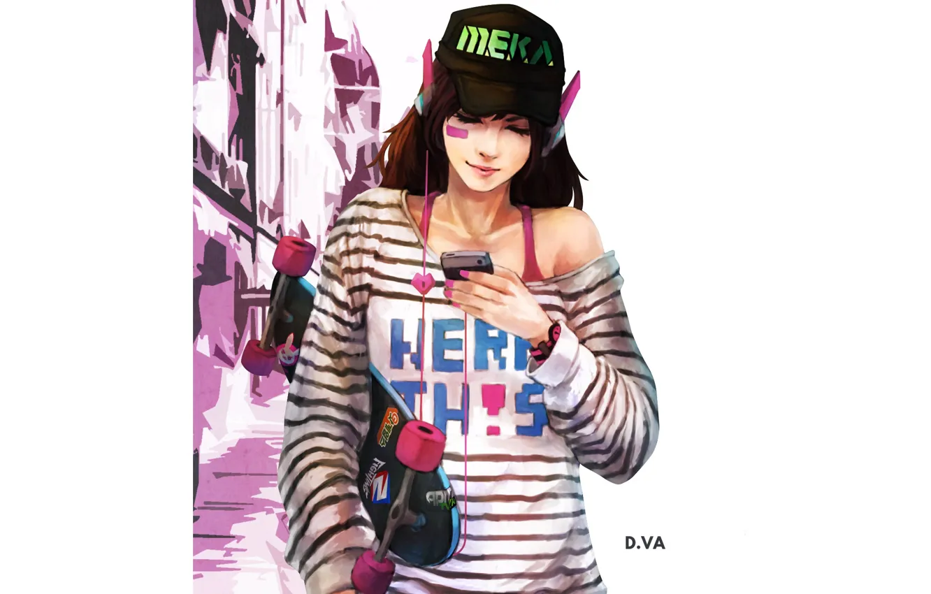Photo wallpaper girl, headphones, phone, art, skateboard, overwatch, D.Va, Hana Song