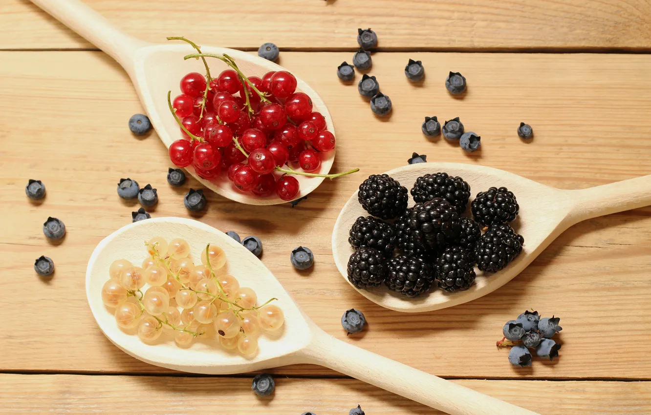 Photo wallpaper berries, blueberries, spoon, currants, BlackBerry, berries