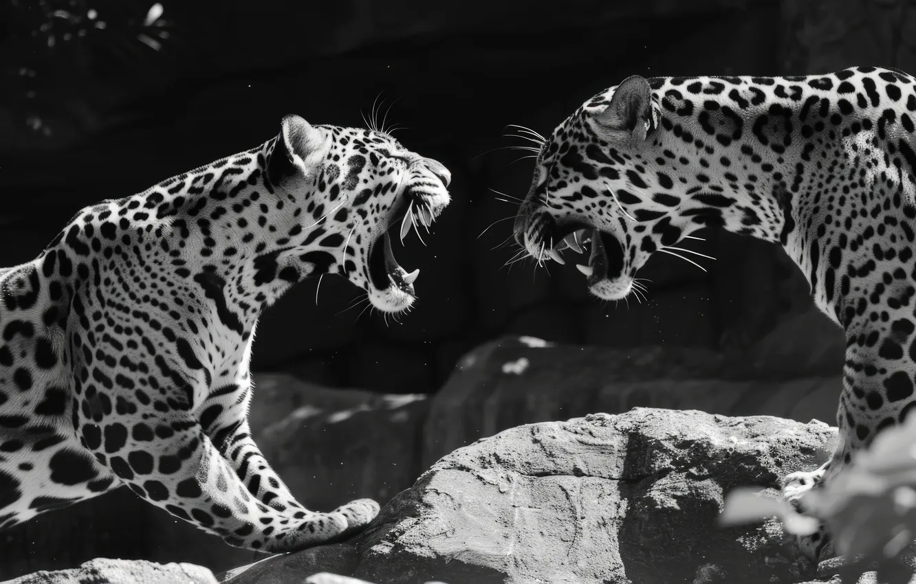 Photo wallpaper Fangs, Two, Digital art, Black and white, Grin, Predators, Jaguars, Big Cats