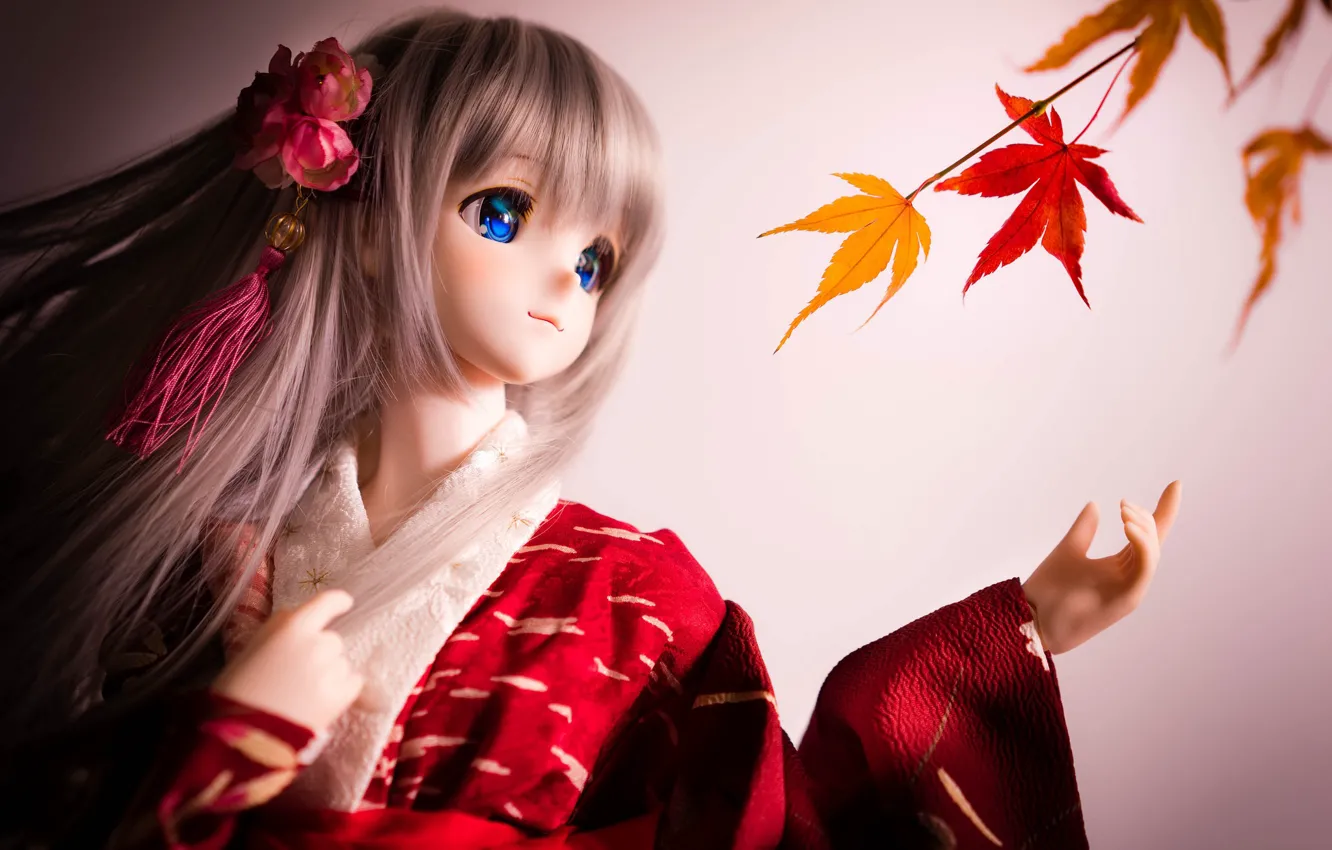 Photo wallpaper doll, kimono, maple