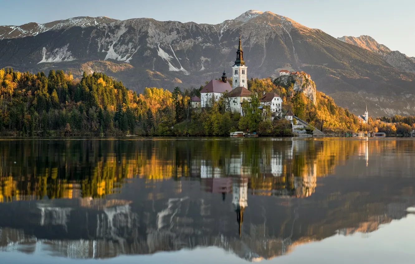 Photo wallpaper autumn, mountains, lake, reflection, island, Slovenia, Lake Bled, Slovenia