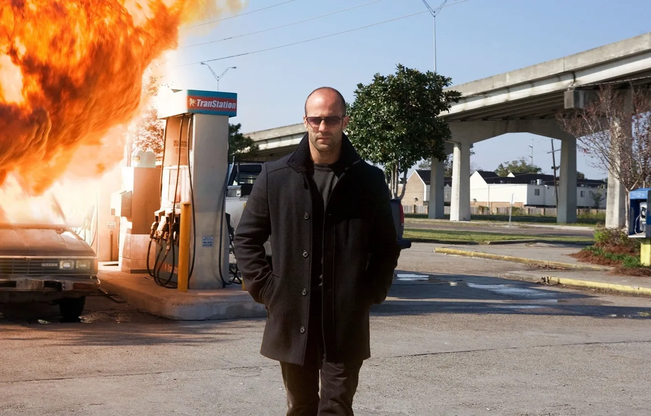 Photo wallpaper cinema, Hitman, fire, flame, Nissan, bridge, street, man