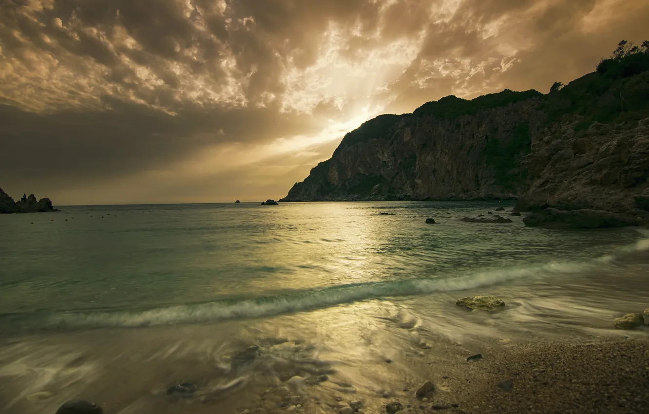 Photo wallpaper sand, sea, wave, beach, the sky, clouds, light, rocks