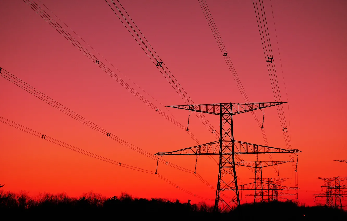 Photo wallpaper the sky, trees, wire, silhouette, support, glow, power lines