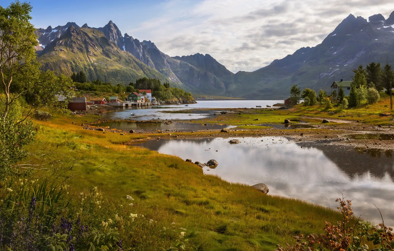 Photo wallpaper water, landscape, mountains, nature, lake, home, village, Norway