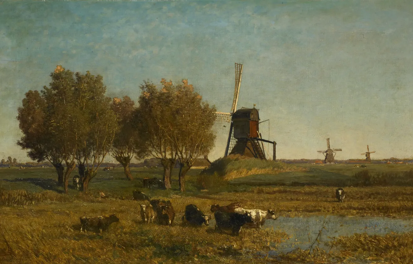 Photo wallpaper oil, picture, canvas, 1877, Paul Gabriel, Paul Gabriel, Landscape with three windmills