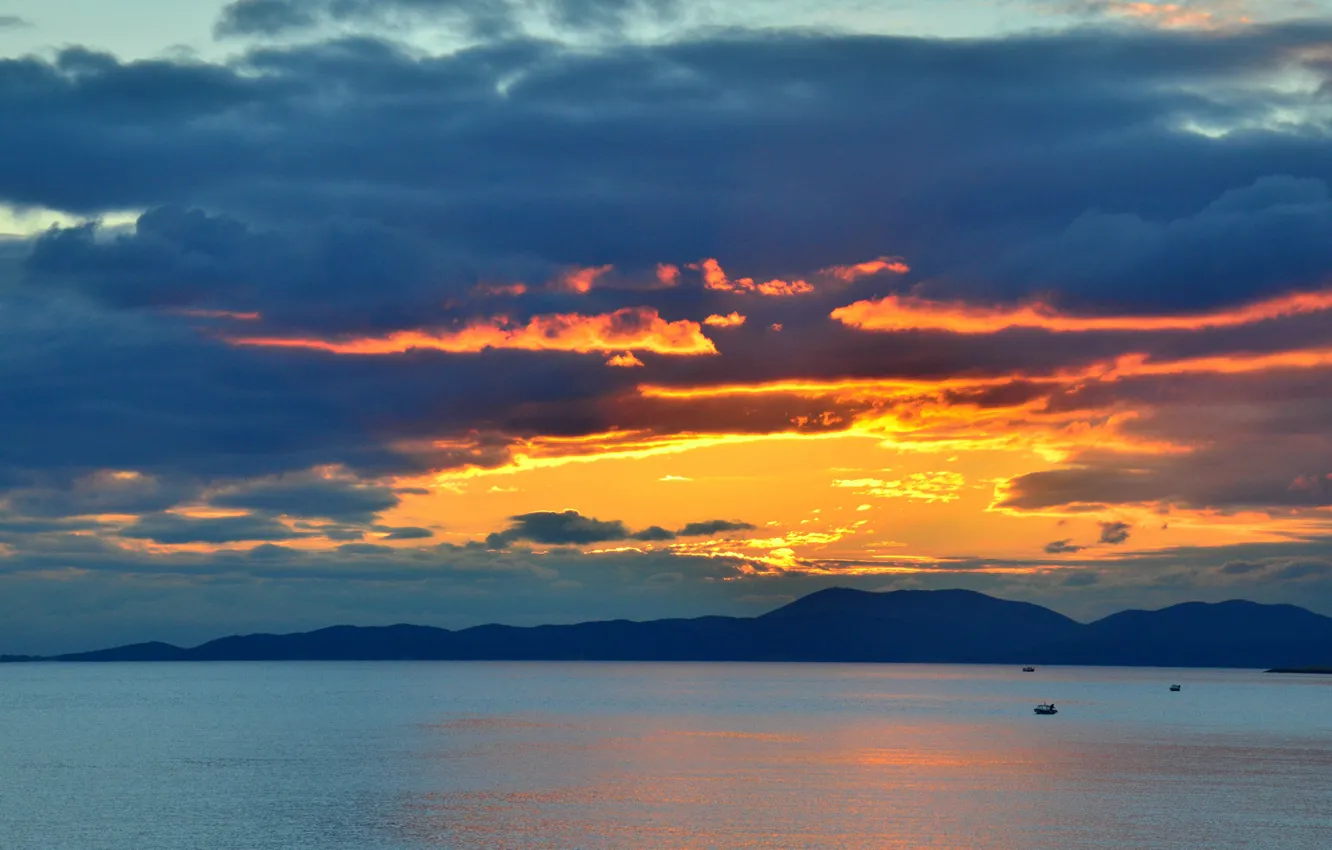 Photo wallpaper twilight, sea, ocean, seascape, mountains, dusk, boats, silhouettes