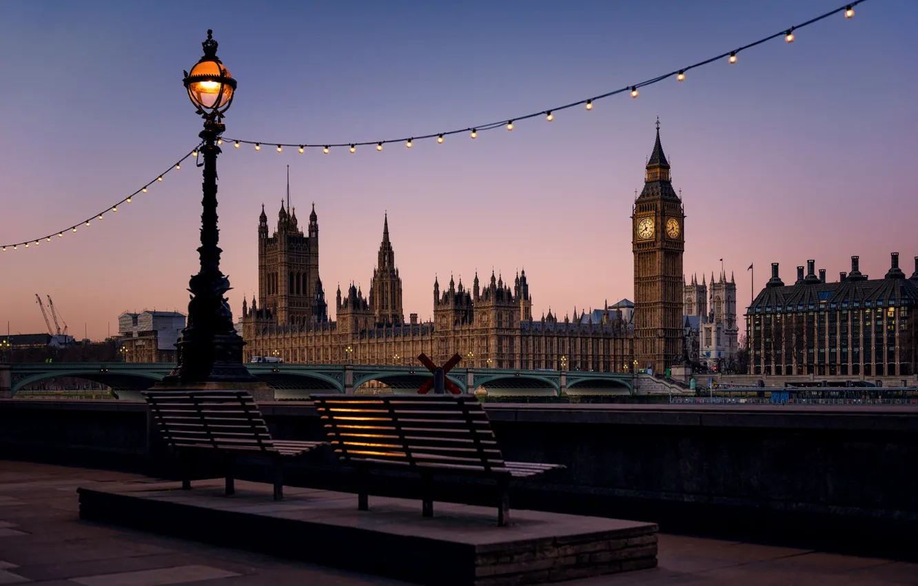 Photo wallpaper bridge, England, London, tower, lantern, promenade, bench, Parliament