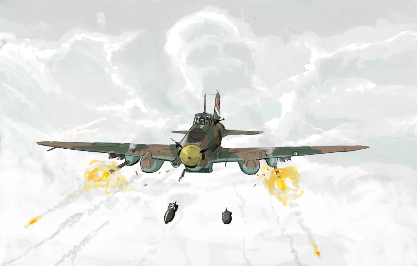 Photo wallpaper clouds, figure, art, shooting, attack, bombs, THE SOVIET AIR FORCE, Ilyushin