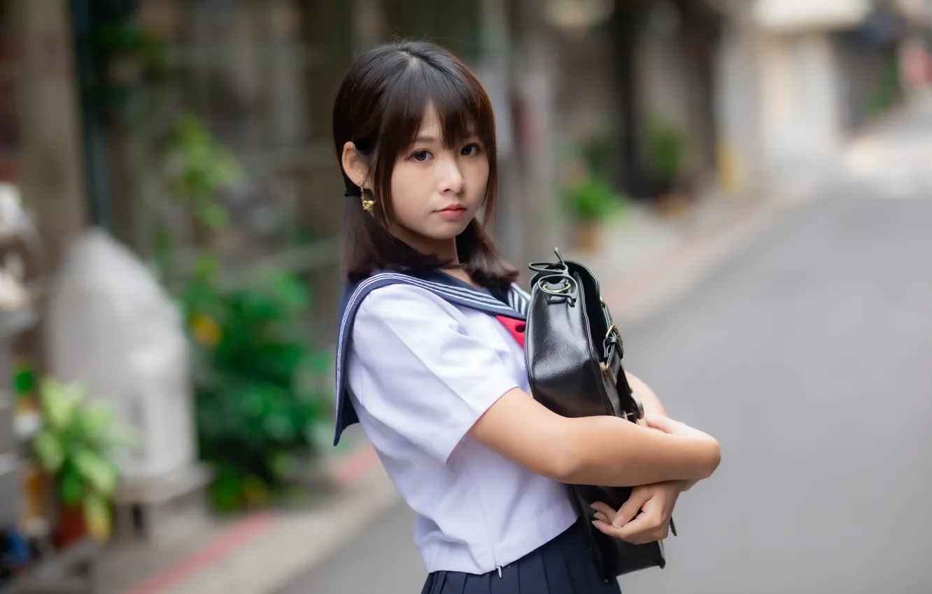 Photo wallpaper look, form, schoolgirl, Asian, portfolio, bokeh