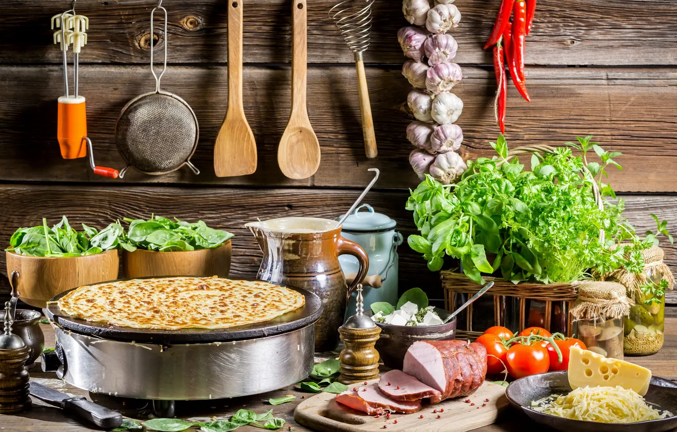 Photo wallpaper mushrooms, cheese, pepper, pancakes, tomatoes, parsley, cucumbers, garlic