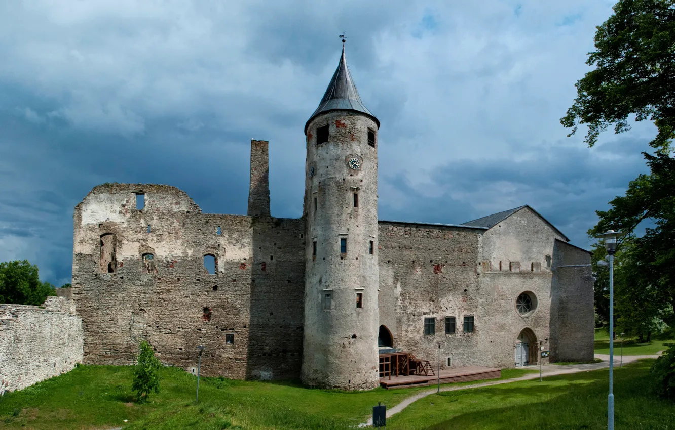 Photo wallpaper grass, trees, castle, wall, tower, Estonia, the ruins, path