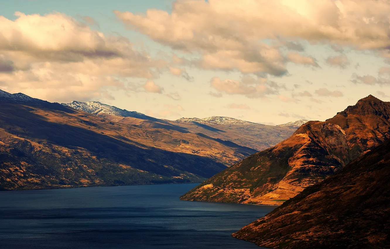 Photo wallpaper water, mountains, river, hills, view