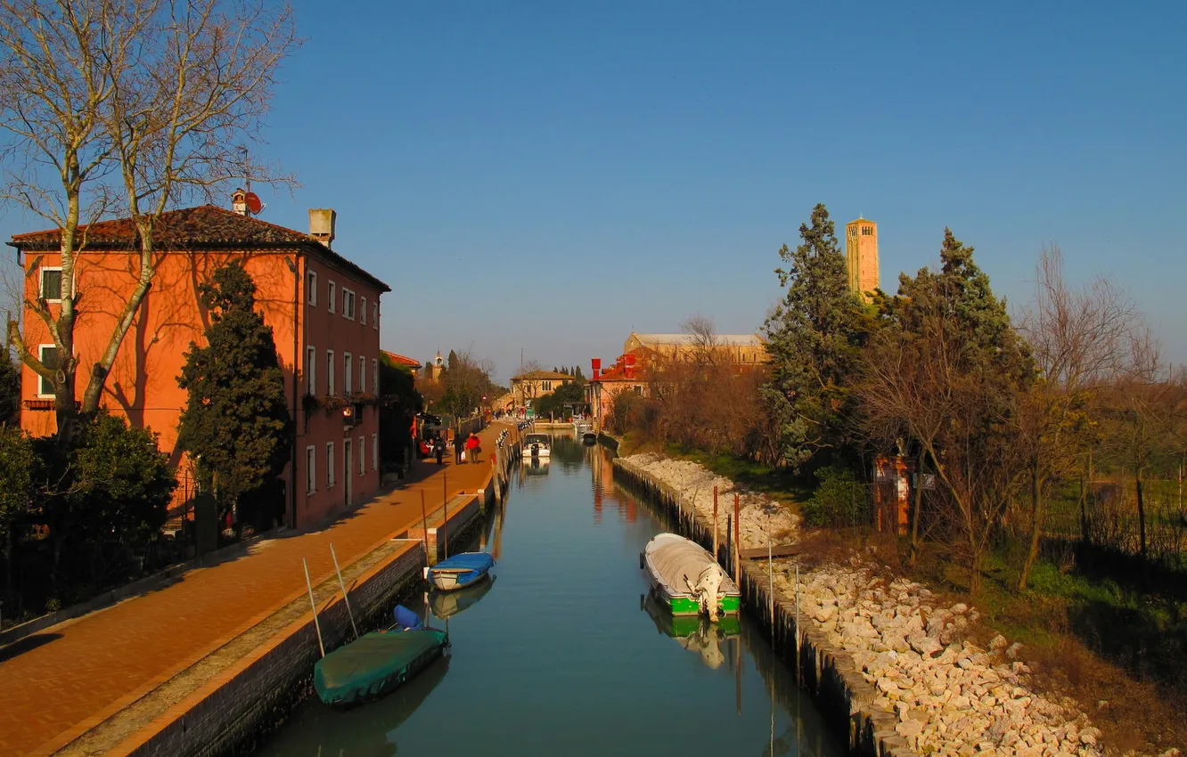 Photo wallpaper the sky, trees, landscape, boat, tower, home, the evening, channel