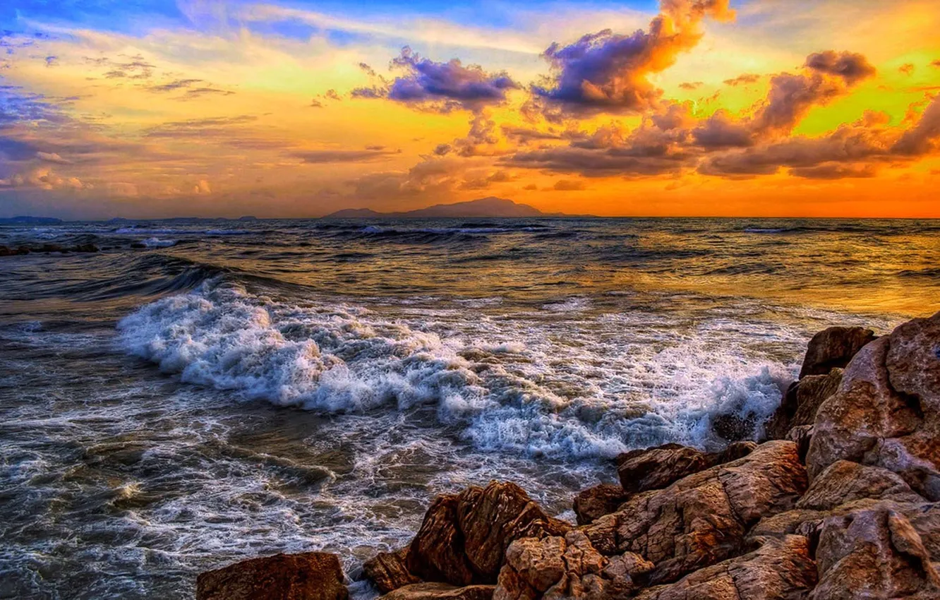 Photo wallpaper sea, wave, the sky, clouds, nature