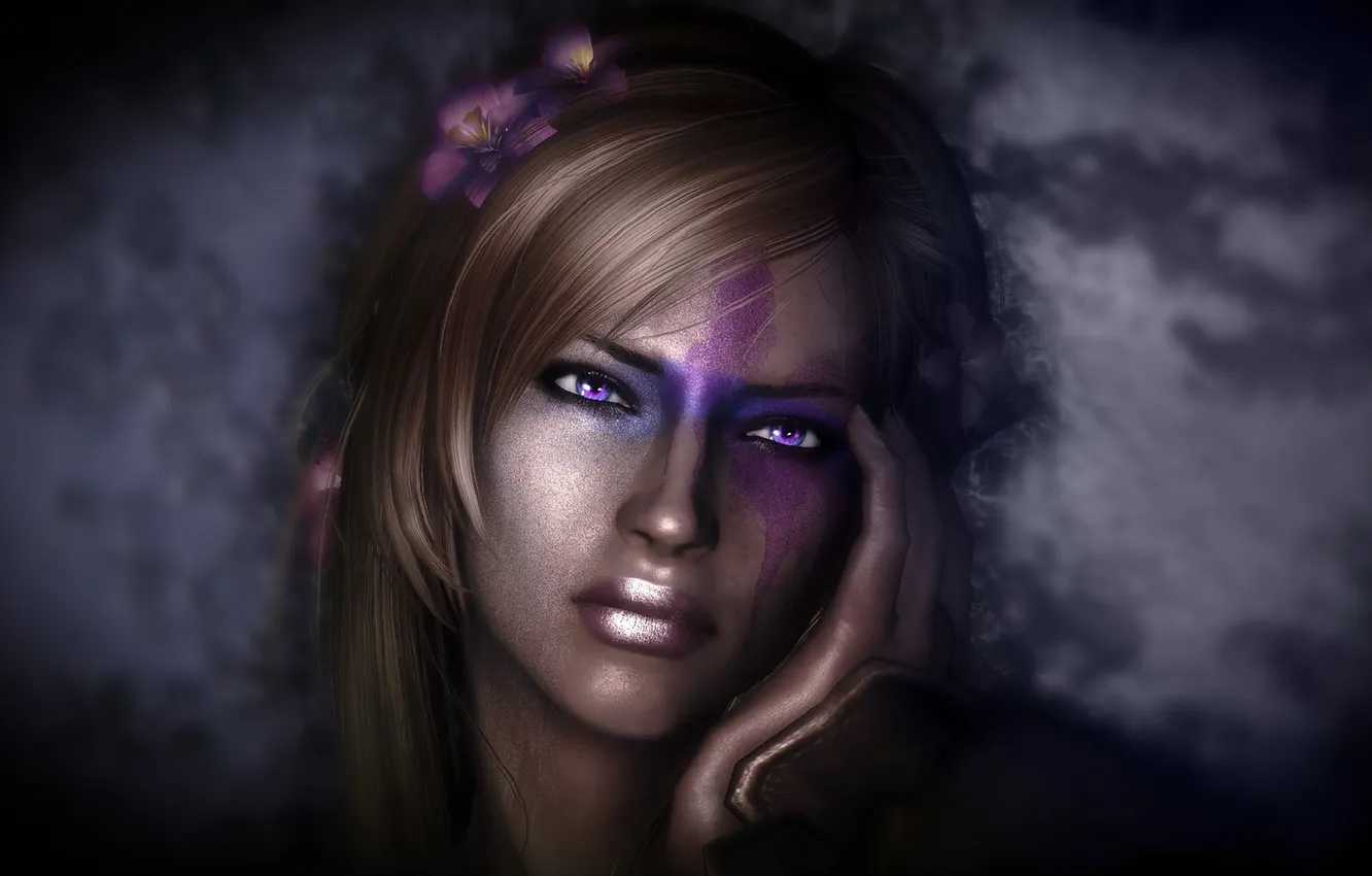 Photo wallpaper look, girl, flowers, face, background, hair, hands, Skyrim