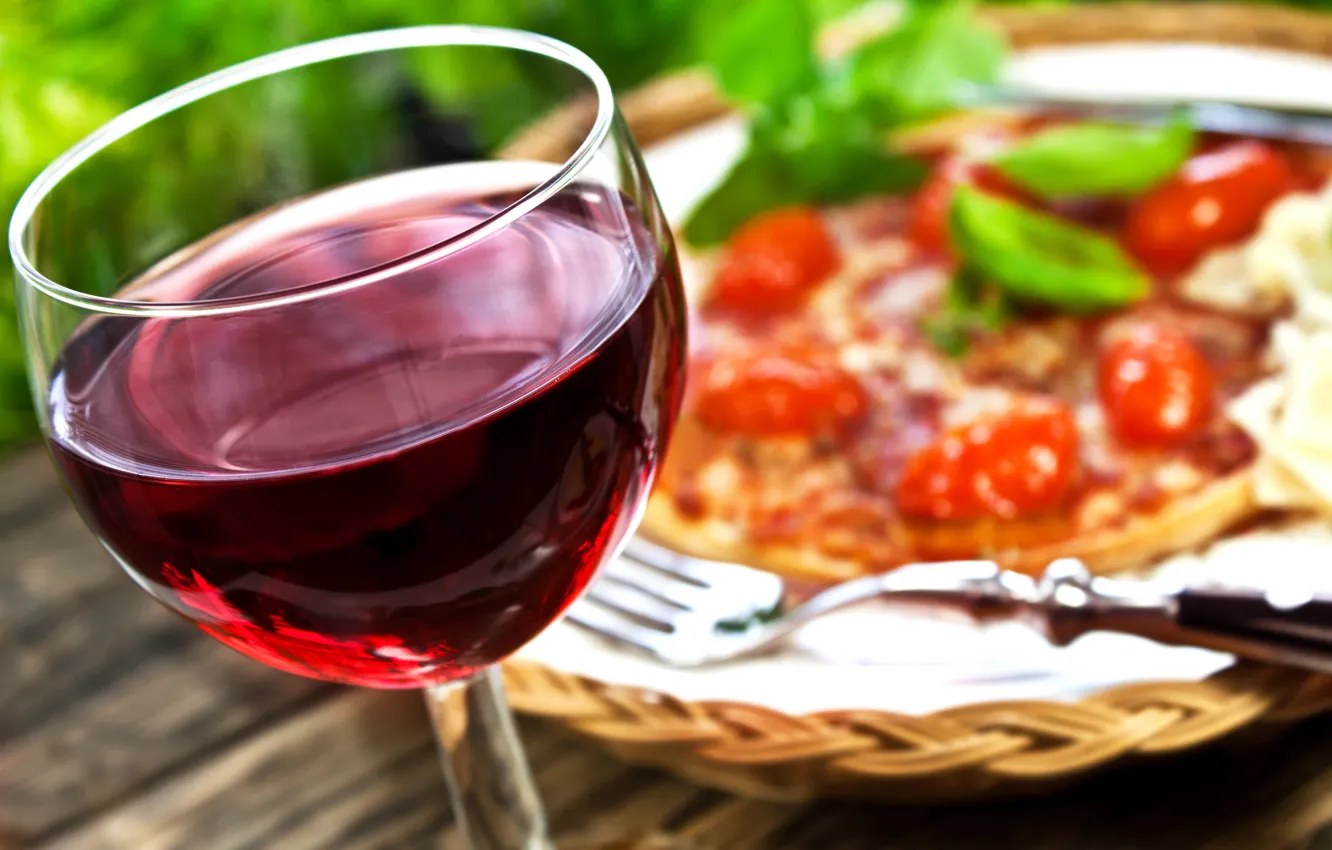 Photo wallpaper red, wine, glass, food, pizza, dish