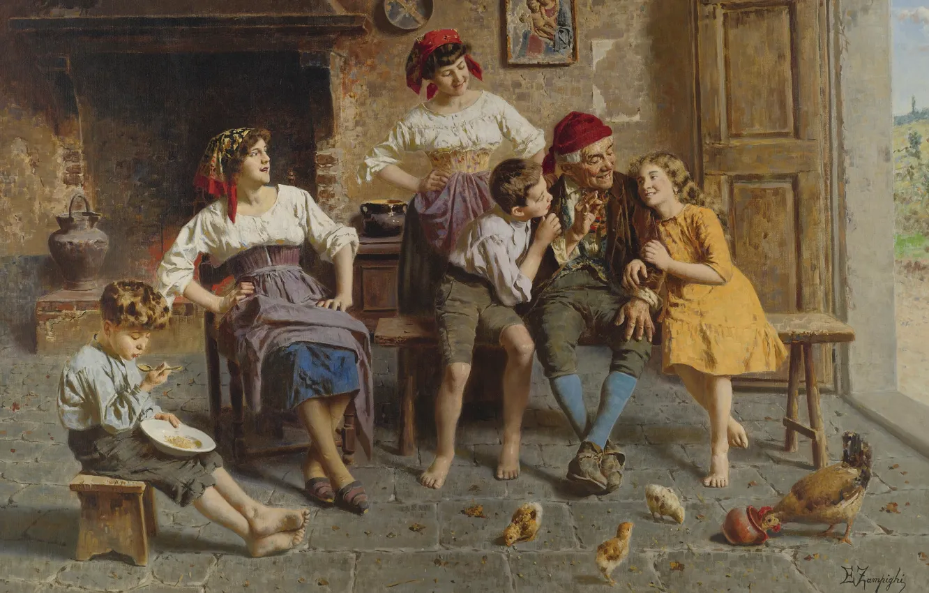 Photo wallpaper Italian artist, Italian painter, oil on canvas, Visiting grandfather, Visiting grandfather, Eugenio Zampighi, Eugenio Zampighi