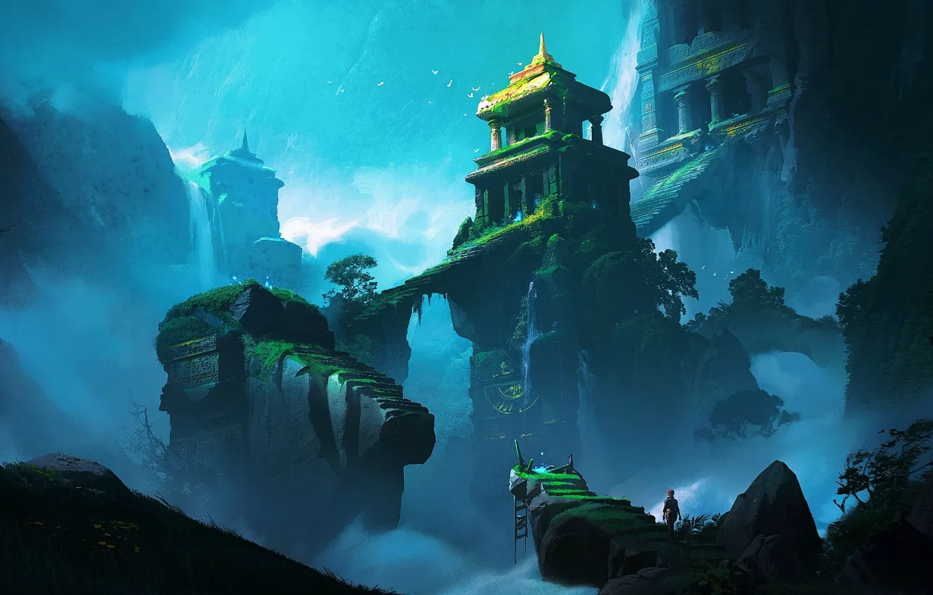 Photo wallpaper fantasy, night, mountains, castle