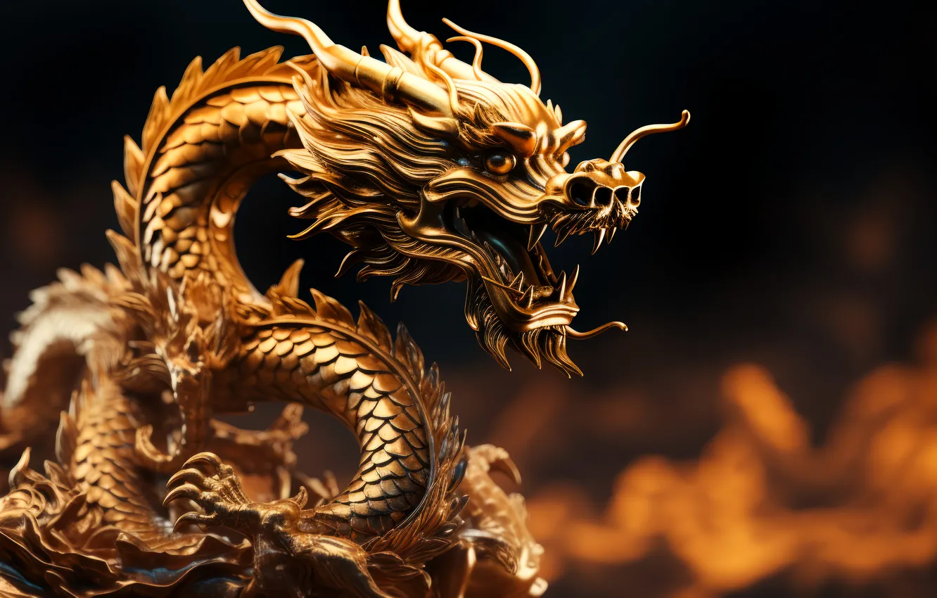 Photo wallpaper golden, fantasy, dragons, chinese