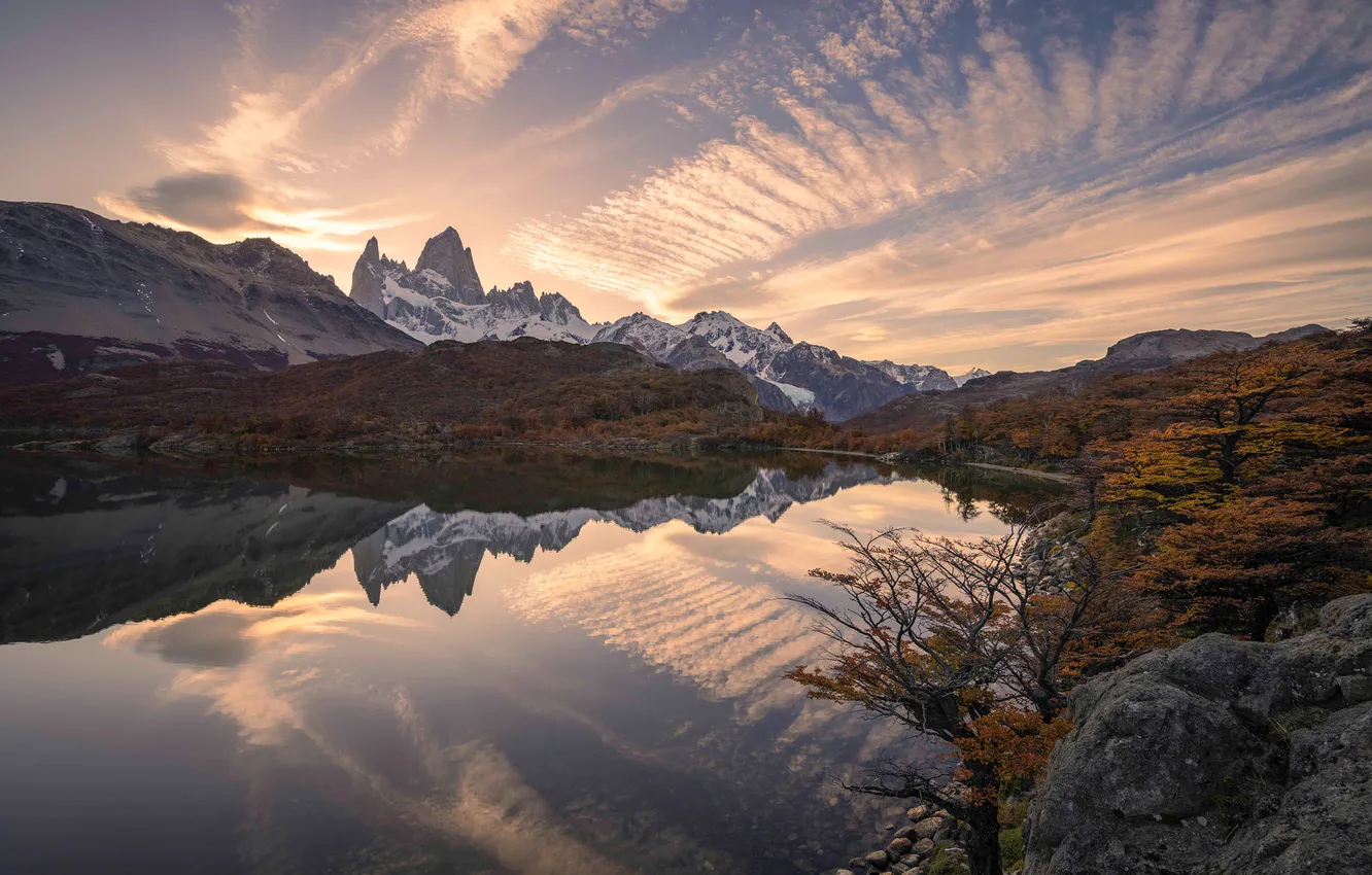 Photo wallpaper autumn, trees, mountains, lake, shore, view, dal, Andes