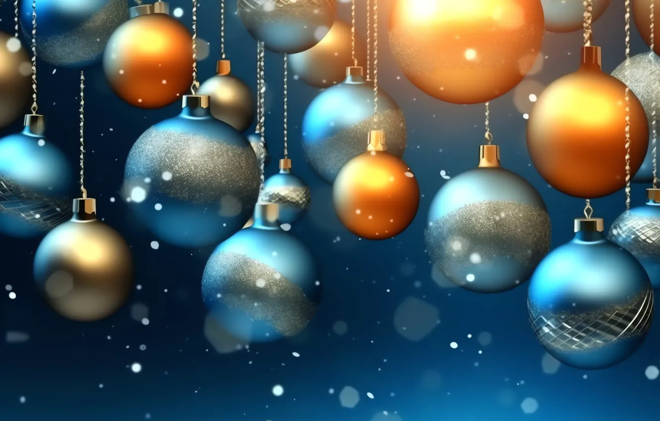Photo wallpaper balls, snow, blue, Shine, new year, Christmas, gold, snowfall