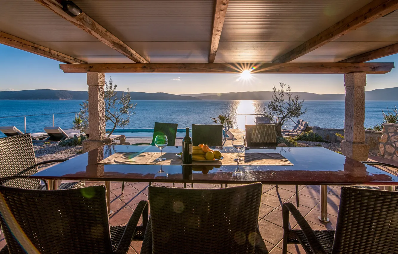 Photo wallpaper terrace, Croatia, dining room, Croatia, villa by the sea, view of the bay and the …