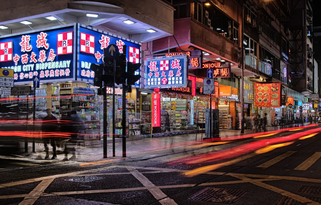 Photo wallpaper road, night, lights, people, street, home, Hong Kong, excerpt