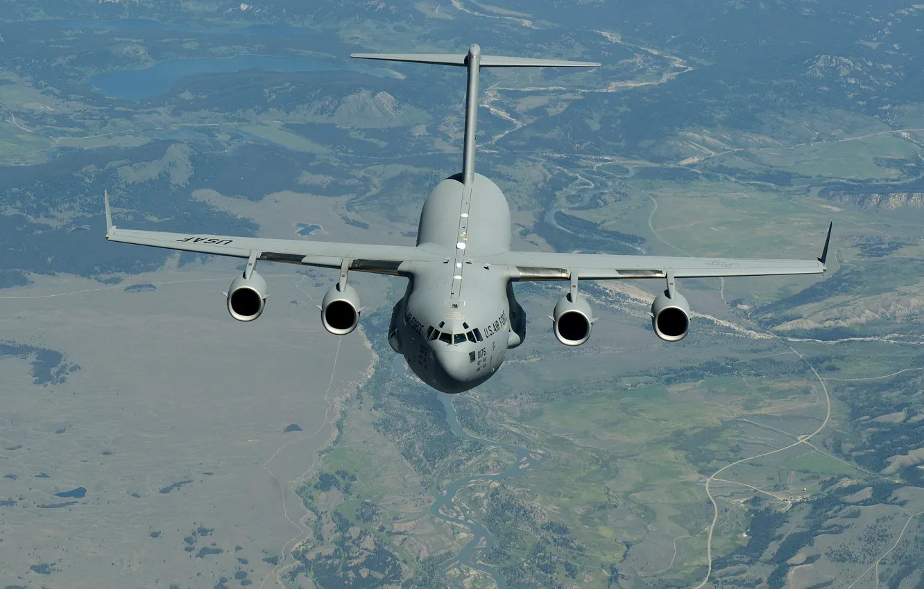 Photo wallpaper flight, landscape, the plane, strategic, military transport, C-17, McDonnell Douglas, Globemaster III