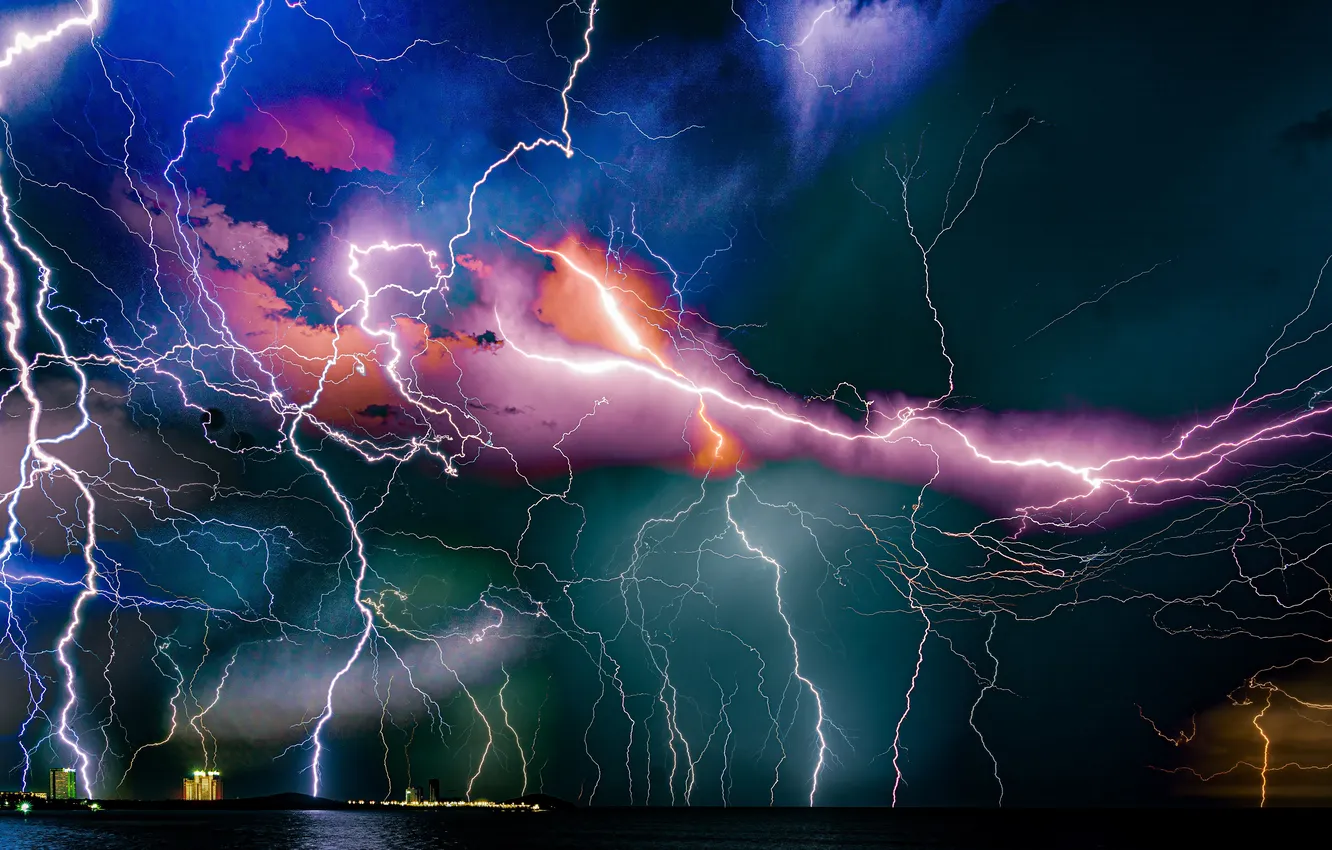 Photo wallpaper the storm, night, element, lightning