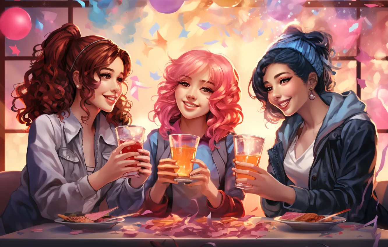 Photo wallpaper girl, joy, smile, balloons, table, new year, Christmas, three