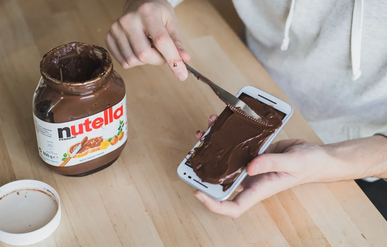 Photo wallpaper Knife, Table, Hands, Nutella, Phone, Chocolate paste