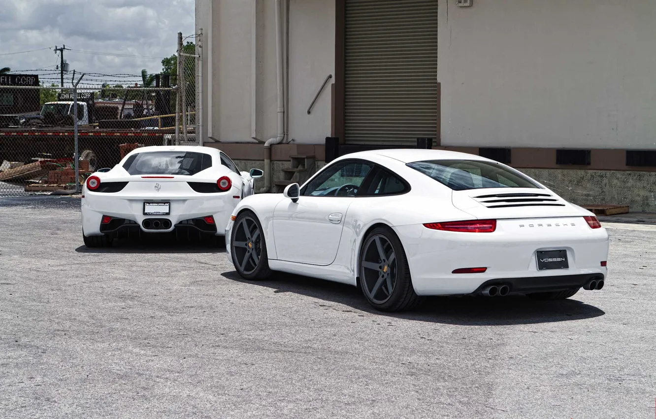 Photo wallpaper white, white, ferrari, Ferrari, porsche, Porsche, rear view, Italy
