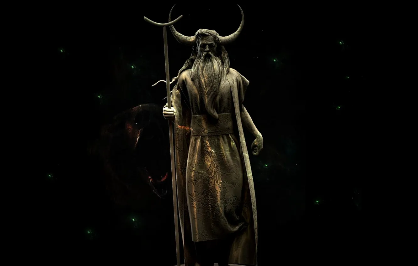 Photo wallpaper Statue, Horns, Staff, Black background, Veles, Slavic God, Sasha, Gregerman, Cattle God