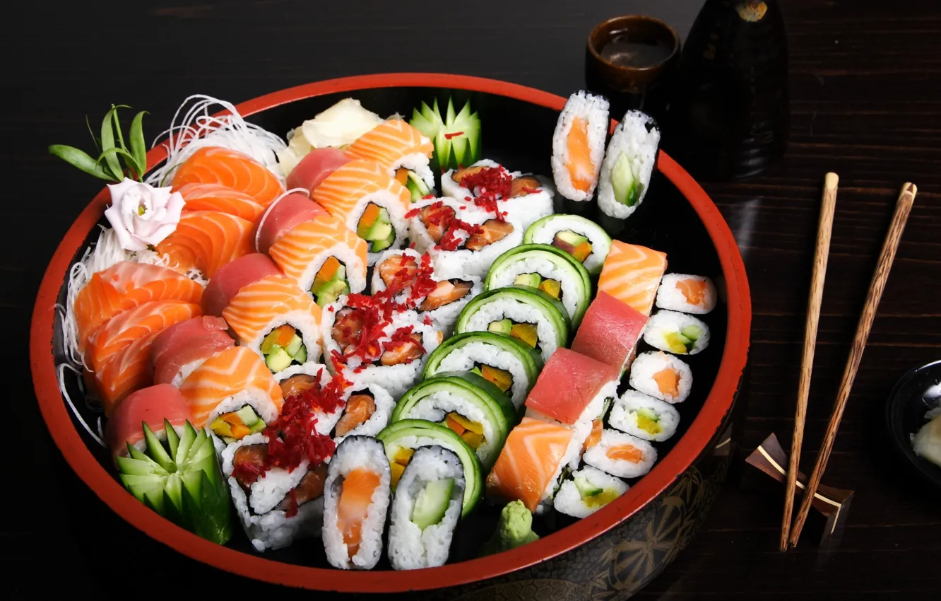 Photo wallpaper fish, figure, sushi, rolls, seafood, cuts