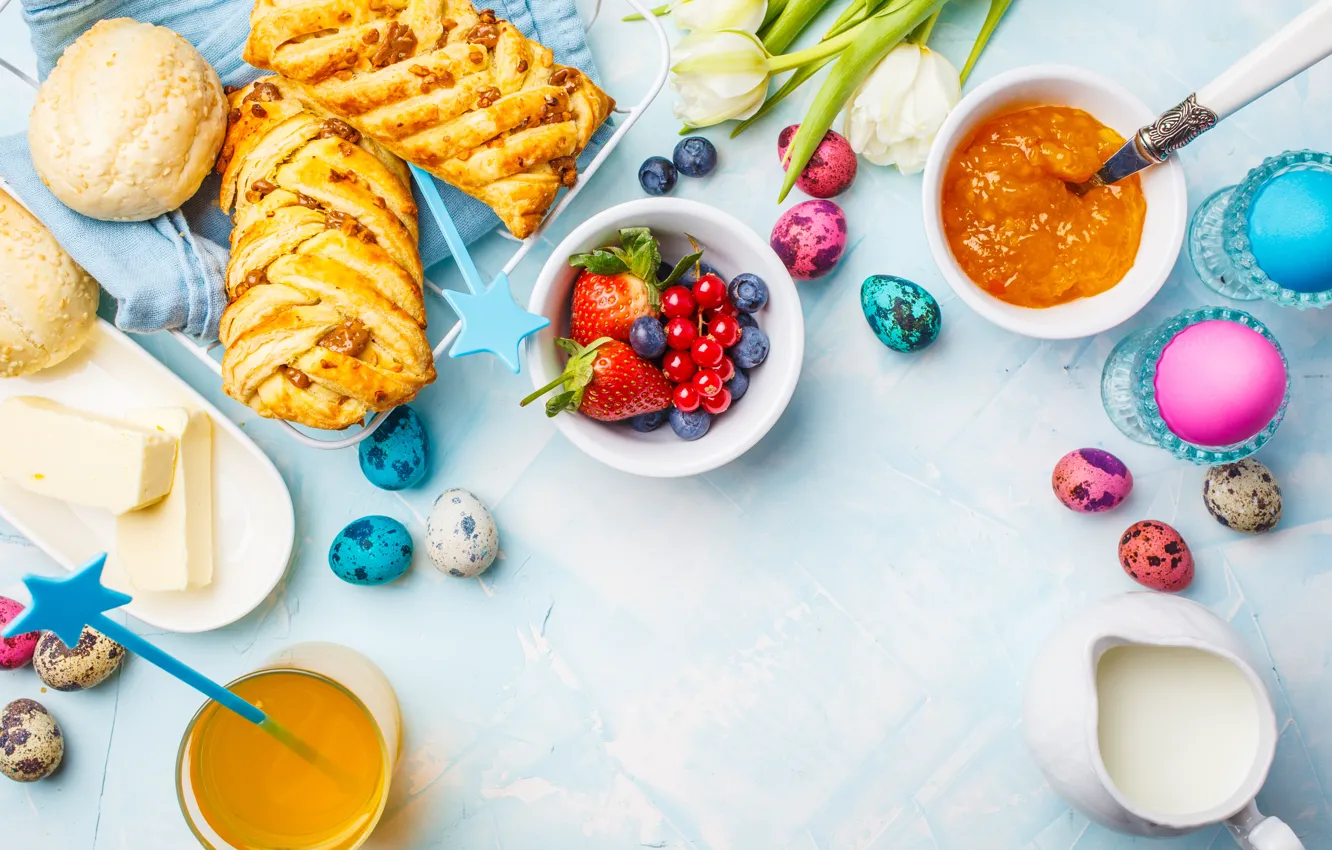 Photo wallpaper flowers, berries, eggs, Breakfast, Easter, tulips, white, happy