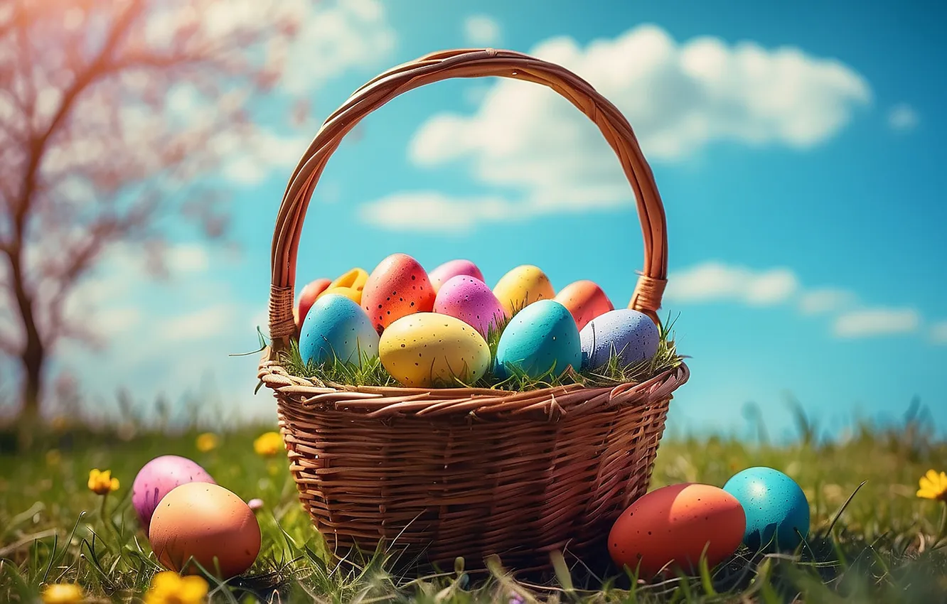 Photo wallpaper flowers, basket, glade, eggs, spring, colorful, Easter, happy