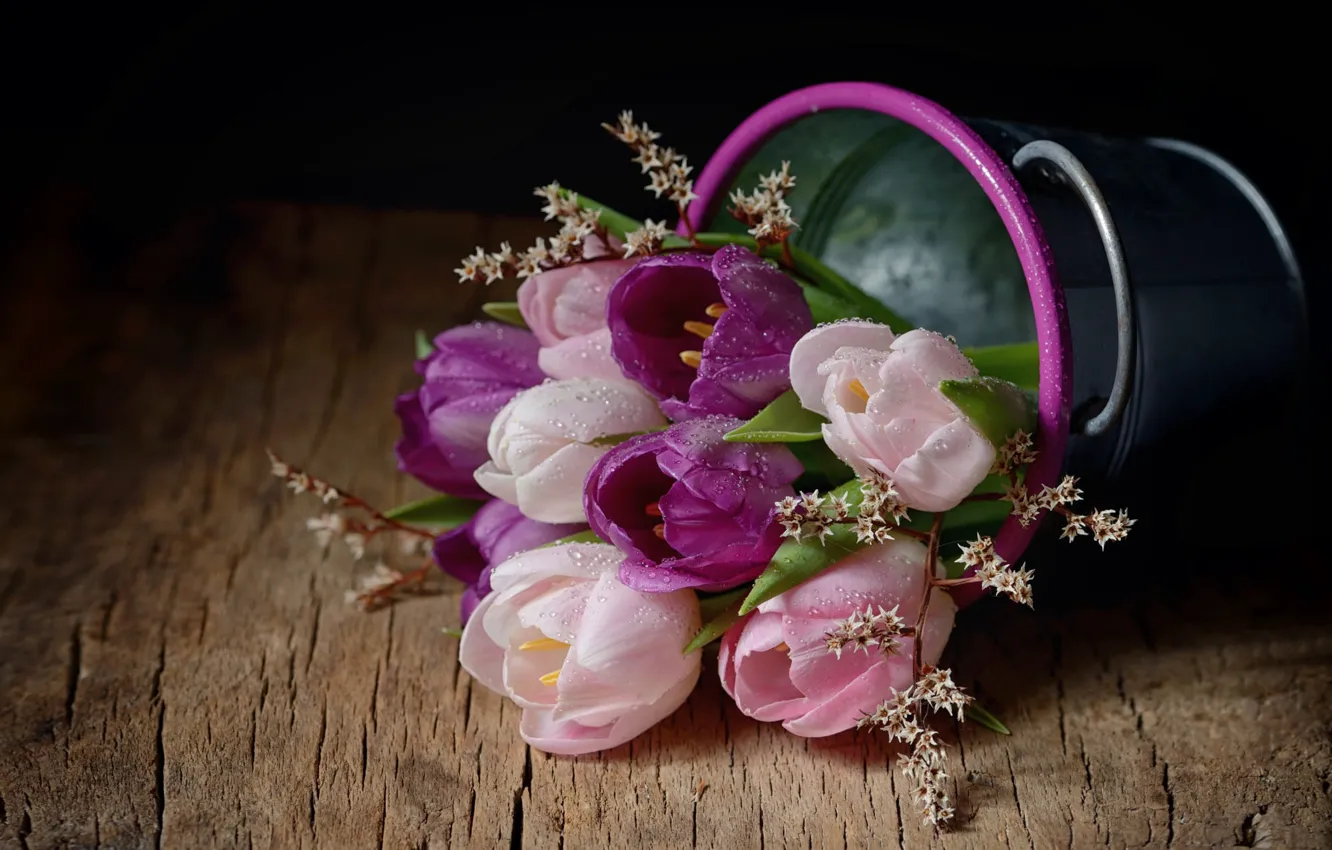 Photo wallpaper flowers, Board, bouquet, bucket, tulips, pink