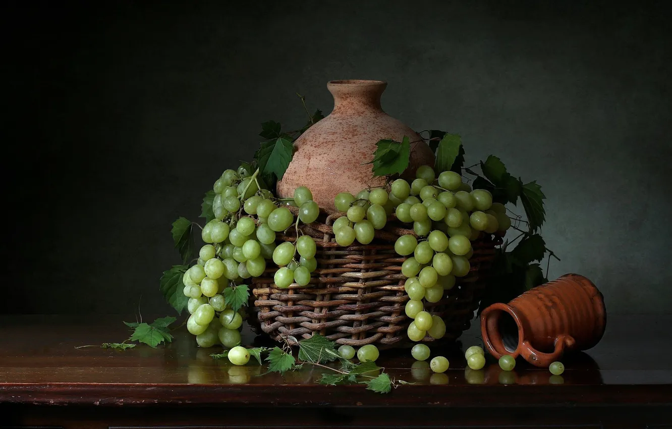Photo wallpaper basket, grapes, mug, pitcher, still life