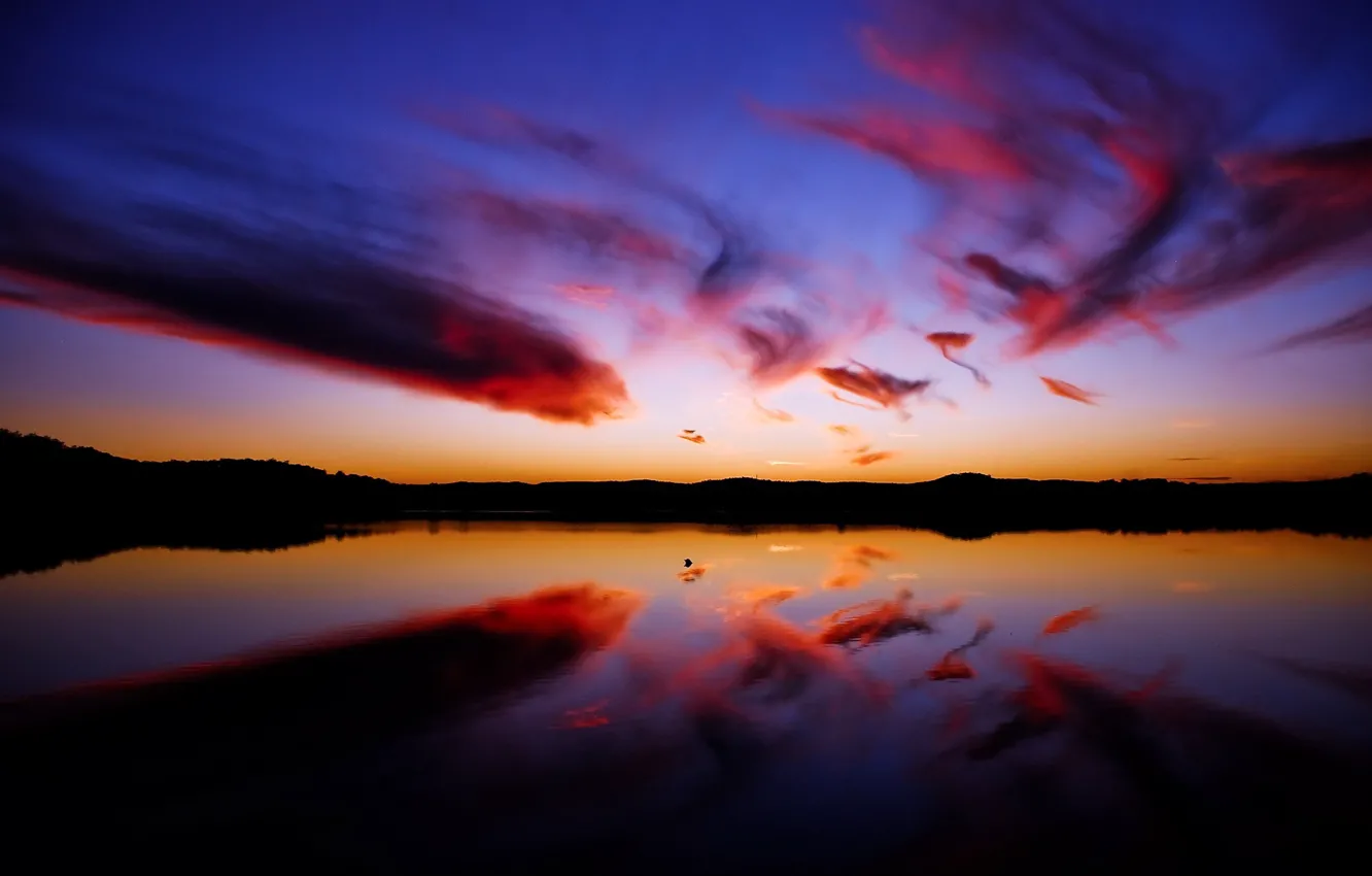 Photo wallpaper water, clouds, reflection, Sunset
