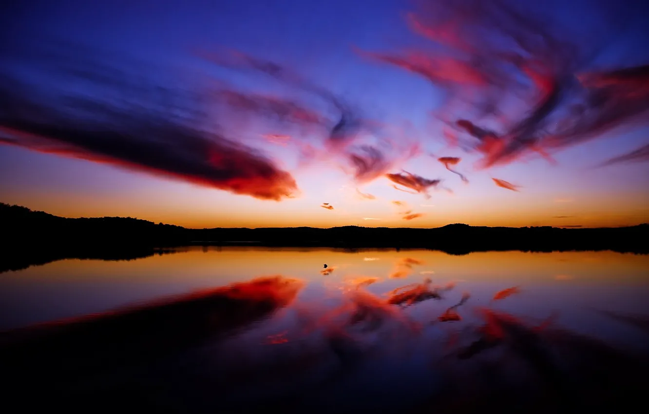 Photo wallpaper water, clouds, sunset, reflection