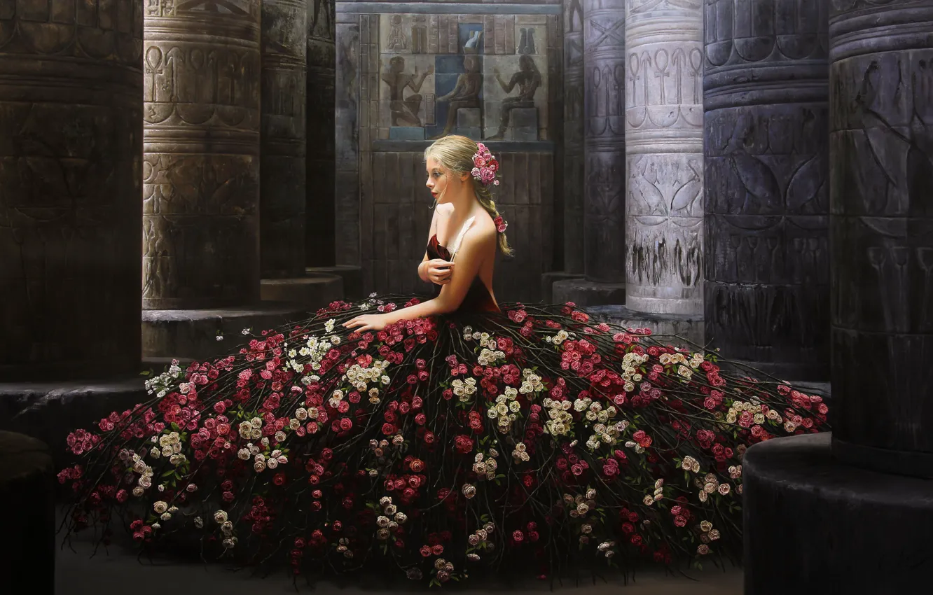 Photo wallpaper girl, flowers, pose, model, roses, dress, columns, painting