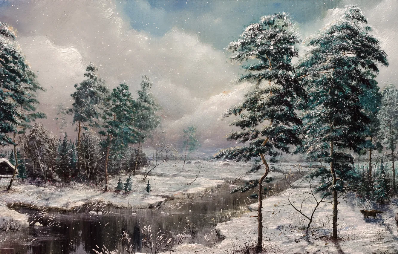 Photo wallpaper winter, snow, trees, nature, house, river, dog, hunter
