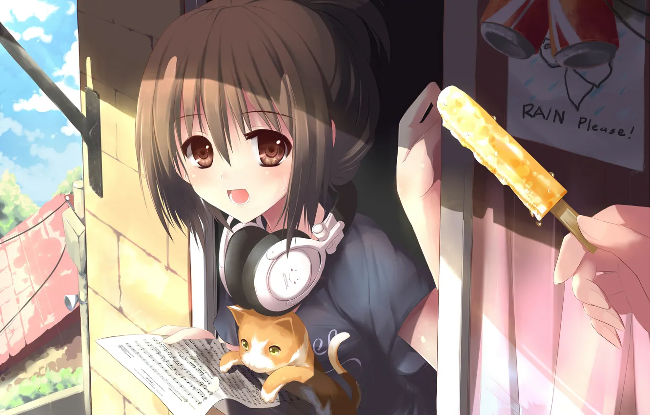 Photo wallpaper cat, girl, clouds, notes, home, anime, headphones, ice cream