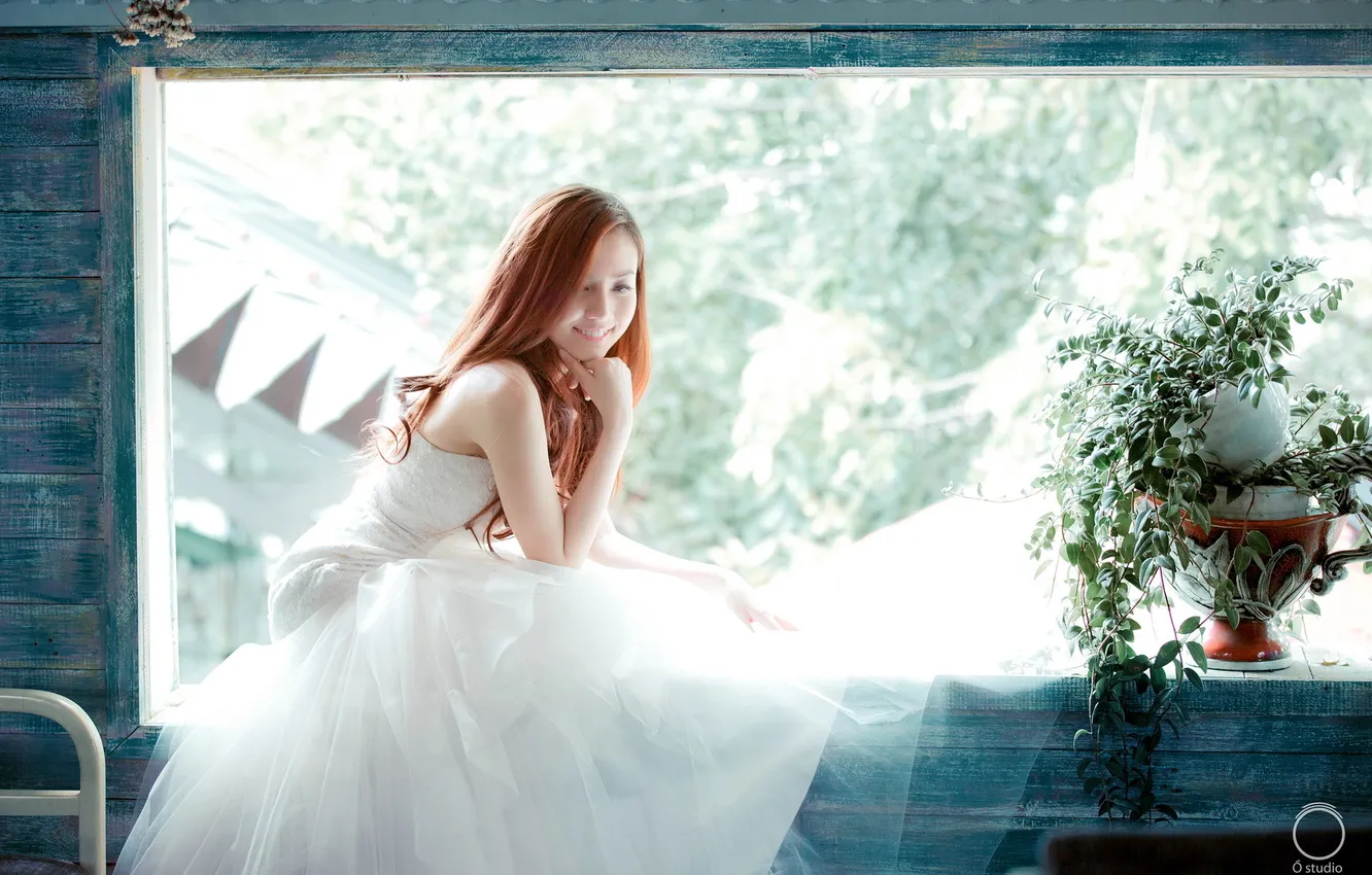 Photo wallpaper girl, smile, window