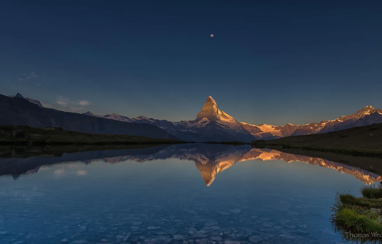 Photo wallpaper mountains, night, lake, reflection, the moon