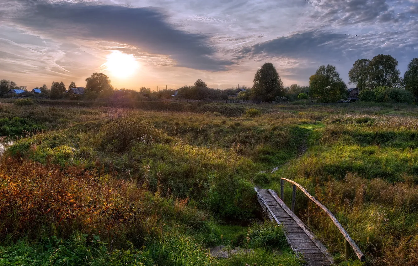 Photo wallpaper field, landscape, sunset, bridge