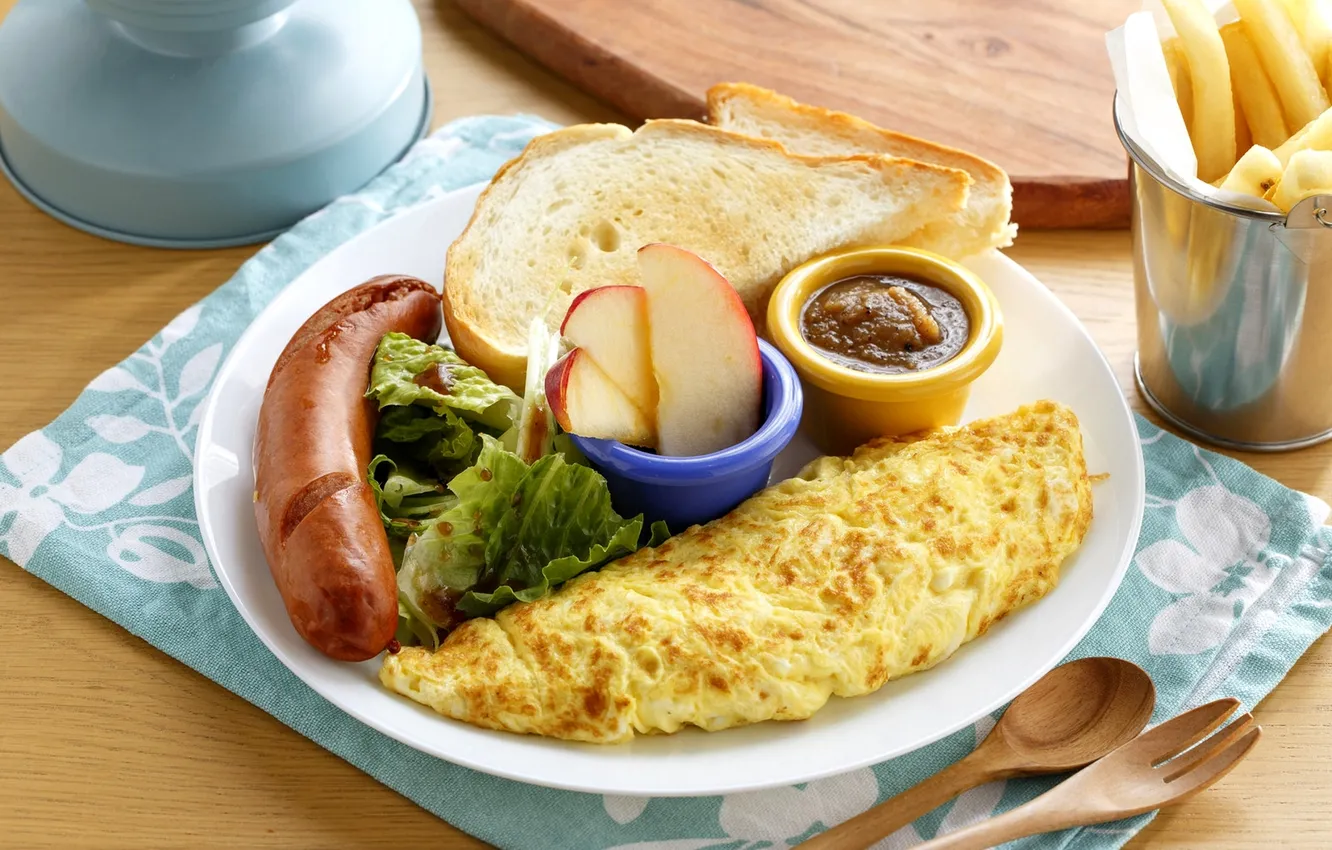 Photo wallpaper apples, sausage, Breakfast, sauce, toast, omelette, French fries